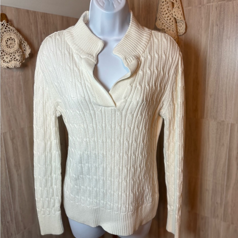 Liz Claiborne Cream V-Neck Cable Knit Sweater 100% Cotton